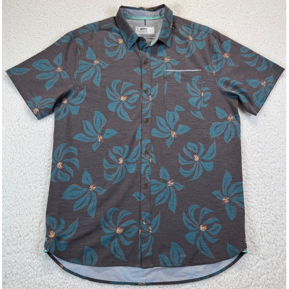 Jetty Mens Floral Button Down Shirt Large Gray Teal Short Sleeve Stretch Surf